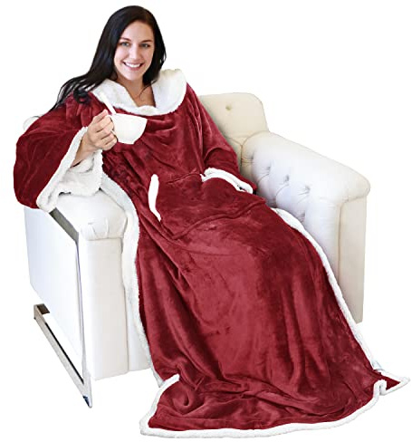 Catalonia Classy Accogliente coperta con maniche e tasche, coperta TV double-face coperta in micropile sherpa calda, regalo per adulti donne uomini 185cm x 140cm