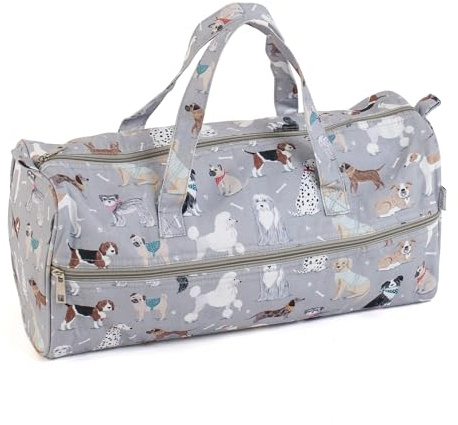 Hobby Gift Medium Knitting Bag with Full-Length Front Zipper - Crochet Bag Organiser & Knitting Storage for Travel, Craft Bags with Compartments for Yarn, Supplies, & More - 16 x 43 x 19cm, Grey Dogs
