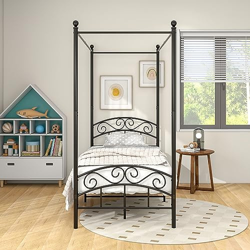 JURMERRY Canopy Bed Frame 3ft Single Size with Ornate European Style Headboard & Footboard Sturdy Steel Perfectly Fits Your Mattress Easy DIY Assembly All Parts Included,Black