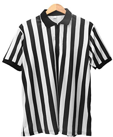 Yuehuamech Herr Officiella Umpire Jersey Pro Ref Officierande Domare Skjorta Svart och Vit Rand Dragkedja Välvd Krage för Basket och Fotboll