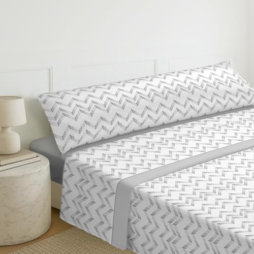 MERCURY TEXTIL – Juego Sábanas de Cama Estampadas 3 Piezas (50% algodón/50% poliéster) Incluye Funda de Almohada + Encimera + Bajera Ajustable. (Cama de 90 cm, Zig Zag Gris)