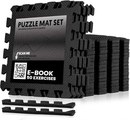 unycos - Tappeto da Fitness a Puzzle【28 Tappetini】Tatami Antiscivolo, Pavimento Protettivo Incastro Palestra in Schiuma EVA, Materassino per Home Gym | Include E-Book, 30x30x1 cm (Nero)