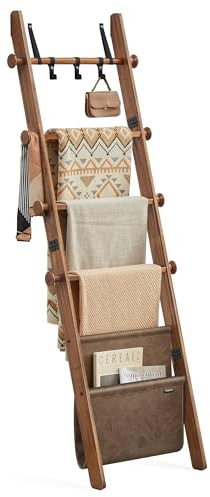 VASAGLE Blanket Ladder for Living Room, 5-Tier Wooden Ladder Shelf, Decorative Farmhouse Blanket Rack with Synthetic Leather Bag, Metal Hooks, Side Hooks, for Bedroom, Caramel Brown ULLS022K01