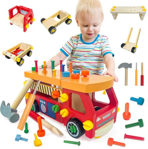 Konoz Werkzeugkoffer Kinder, Montessori Werkbank Kinder, Montessori Spielzeug ab 3 Jahre, Holzspielzeug Werkzeugwagen, Kinderspielzeug Geschenk 3 4 5 Jahre alte Jungen Mädchen
