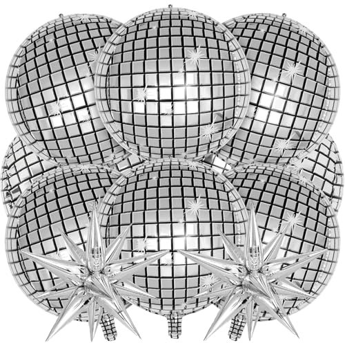Disco Ball Balloons, Disco Balloons 22Inch 4D Large Foil Balloon and Balloon With For 70s Disco Ball Decorations Party Graduation New Year Decoration (Silvery(10PCS))