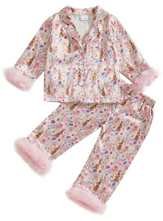 Vioyavo Kids Girls Pajamas Set Rabbit Flower Print Furry Patchwork Long Sleeve Tops Pants Furry Easter Sleepwear (Pink, 18-24 Months)