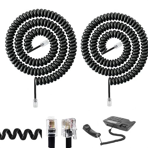 Hawfund Câble Téléphonique Spiralé RJ9 - Câble pour Combiné de Téléphone Fixe Noir, Longueur de 1 à 3 m Déroulé (Lot de 2) - Idéal pour Remplacement de Cordon Téléphonique