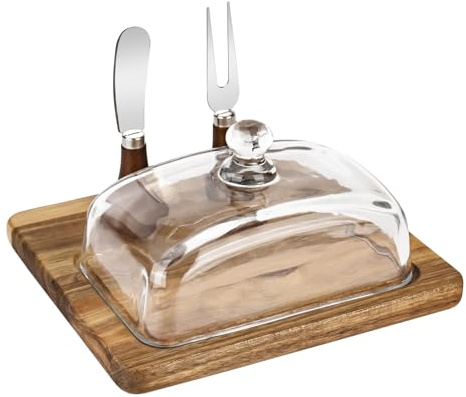 YHNDECO Mantequera con tapa de madera, cuchillo y tenedor, mantequillera con tapa de cristal, mantequillera de bambú y acacia, caja de mantequilla para el hogar y la cocina