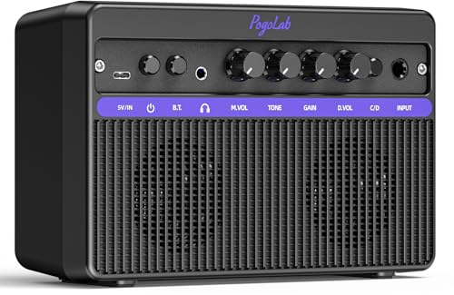 POGOLAB Amplificador de guitarra eléctrica, amplificador de guitarra portátil de 2 × 8 W, altavoces estéreo, tono limpio/overdrive, altavoz Bluetooth recargable, conector para auriculares para