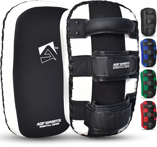 AQF Thai Pads for Training Muay Thai Curved Kickboxing Pads with Solid Handle Grip Kick Pads Boxing, MMA Martial Arts & Karate Body Strike Shield (Sold as Single) (Black, Pair)