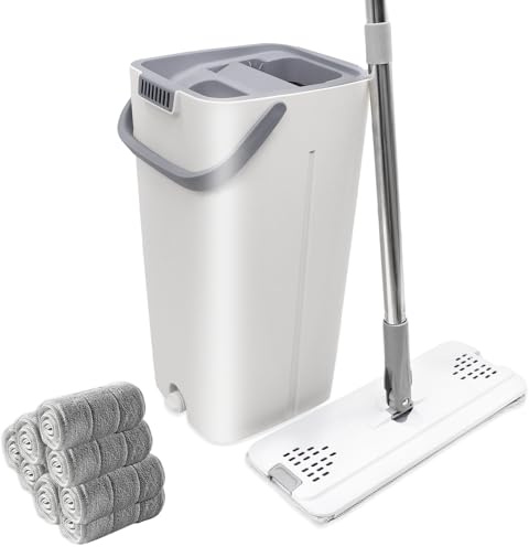 Serpillère Plate et Seau avec Essoreur, Serpillère Balai à Plat et 8 Tampons Réutilisables, Utilisation Humide et Sèche Ensemble Balai et Seau - Système de Nettoyage de Sol Mains Libre