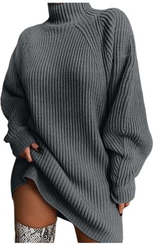 Generisch Pull à manches longues pour femme - Pull mi-long avec manches raglan - Couleur unie - Col roulé, gris foncé, S