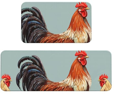 Chicken Print Kitchen Rugs Set of 2, Cushioned Anti-Fatigue Kitchen Mats for Floor, Waterproof Comfort Standing Mat Absorbent Velvet Kitchen Runner Rugs 17x30+17x47