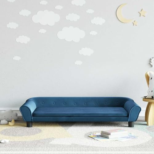 Runheo Barnsoffa, blå, 100 x 50 x 26 cm sammet med massiv furu, stabil barnrumsmöbler för 3–6 år, mjuka babymöbler, sittmöbler med förvaringsutrymme, utrymmesbesparande och säker