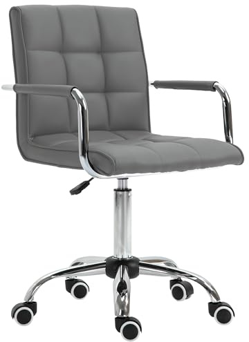 Vinsetto Makeup Vanity Chair, PU Leather Mid Back Office Chair with Adjustable Height, Armrest and Rolling Wheels, Grey