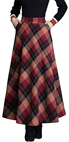 Minetom Jupe Tartan Plaid Longue Plissée Femme Vintage A-Ligne Haute Maxi Jupes avec Poches Swing Jupe Évasée Automne Hiver C Rouge M