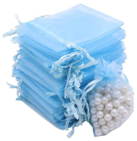 Leeyunbee 100PCS 7x9cm Bolsa de Organza Azul Claro, Bolsitas de Organza, Bolsas para Envoltura de Joyas, Bolsas de Organza de Regalo con Cordón para Boda Favores Joyas y Dulces