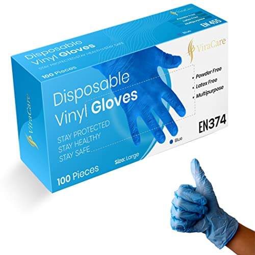 100 x Blue Disposable Gloves | Vinyl Gloves Disposable | Latex free glove | Powder Free Glove | Strong And Non-Sterile | (Large, 1 Pack of 100)