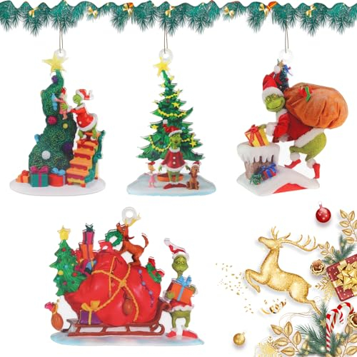 SPERMUOY Grinch weihnachtsbaumschmuck,4 Stück Grinch Hängende Ornament, Grinch deko Weihnachtsbaumschmuck Anhänger,Lustige Grün Weihnachtsdekoration Anhänger für Weihnachtsdekoration