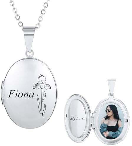 INBLUE Collana Medaglione Personalizzato per Donne Inciso Fiore di Nascita & Nome Collana Medaglione in Acciaio Inossidabile con Foto/Testo Interno Regalo Gioielli per Fidanzate (Ovale - Argento)