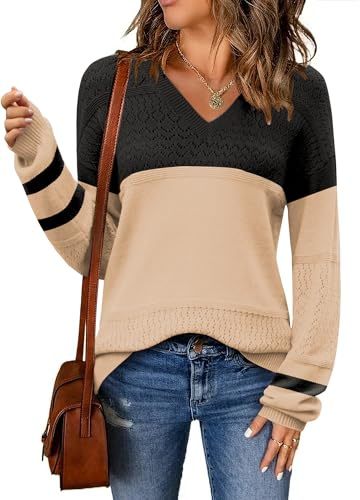 Zeagoo Womens 2026 Fall Sweaters Casual Long Sleeve Ribbed Knit Pullover V Neck Lightweight Crochet Pullover Sweater Top
