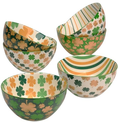 St. Patrick’s Day Shamrock Bowls Set of 6, 16 oz Durable Porcelain – Microwave & Dishwasher Safe Serveware for Cereal, Snacks, Desserts, Irish-Themed Dinnerware