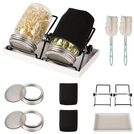 Keimflasche Set aus 2 für Samen, Behälter für den Hausanbau mit Keimglas für Sprossen & Edelstahlsieb – Inkl. Drainageständer für Brokkolisprossen, Alfalfa, Microgreens | Ideal für Sprossengläser