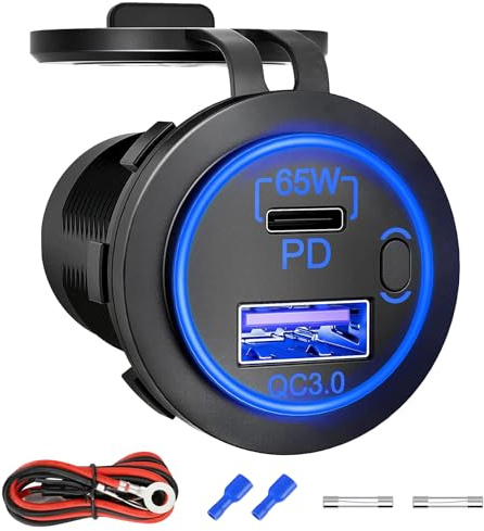 Presa USB da 83 W 12 V, 18 W QC 3.0 USB A e 65 W PD USB C per caricabatteria da auto con interruttore ON Off per auto, golf cart barca, autobus marino, camion, camper, moto marine
