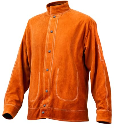 VEVOR Chaqueta de Soldador Resistente al Fuego, XXL, Piel de Vaca, Impermeable, Botones a Presión, 4 Bolsillos y Puños Ajustables para Soldadores Acerías, 810,1 x 1422,4 x 914,4 mm, Marrón Amarillo