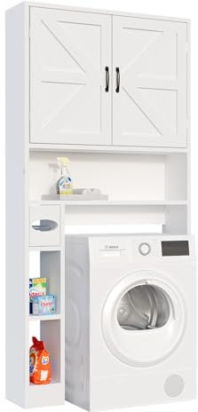 oneinmil Badezimmerschrank, Waschmaschinenschrank, Waschmaschine Trockner Schrank mit 2 Türen und Verstellbaren Regalen, Toilettenregal, Toilettenschrank, Weiß