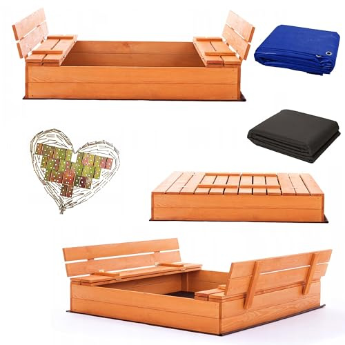 Sandkasten 120x120 Imprägniert Premium Sandbox mit Premium Wasserfeste Abdeckung Oxford Sitzbänken Deckel Sandkiste Holz Kiefer Sandkastenvlies