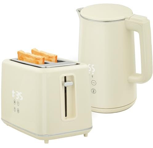 HOMCOM Digital Stainless Steel Kettle and Toaster Set, 1.5L 3000W Fast Boil Kettle, 2 Slice Toaster with 7 Level Browning Controls, Defrost, Reheat, Keep Warm, Crumb Tray and LED Touch Display, Beige