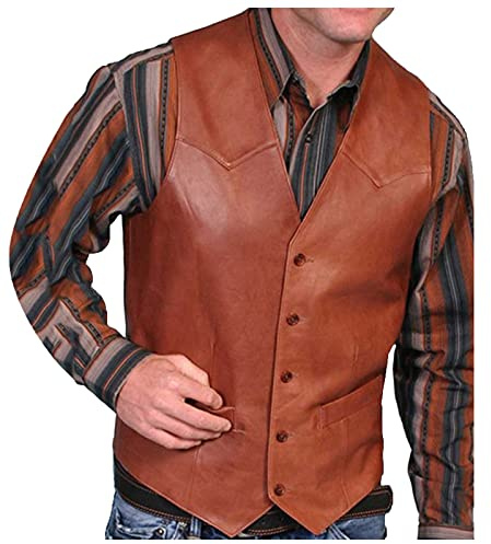 2025 - Chaleco de cuero sólido con cuello en V para hombre, con bolsillo, color retro, blusa para hombre, 4X camisas de vestir para hombre, marrón, 3XL
