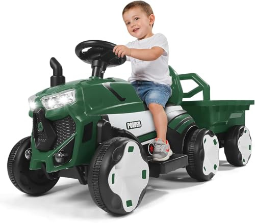 Tractor Eléctrico con Remolque,Desmontable Coche Eléctrico para Niños 3-6 Años Música Pantalla Luces 120x40x45 cm（No Incluye Control Remoto） (Verde)