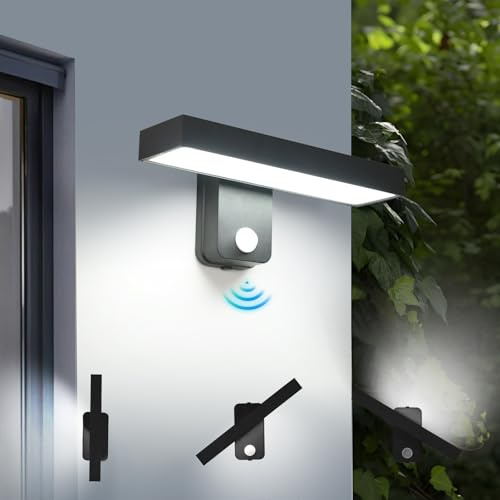 Comely 17W utomhu med rörelsedetektor, utomhusvägglampa med LED 350° roterande panel, IP65, väggbelysning för terrassentré, kall vit, 6 500 K, svart