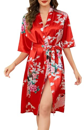 Vlazom Women Satin Dressing Gown Long Silk Kimono Robes Peacock and Blossoms Bride Robe for Wedding Party S-XXL
