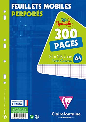 Clairefontaine 11752C – förpackning med 150 ark ringpärmsinlägg DIN A4 21 x 29,7 cm, 90 g perforerad, rutig 5/5, krympt, vit, 1-pack