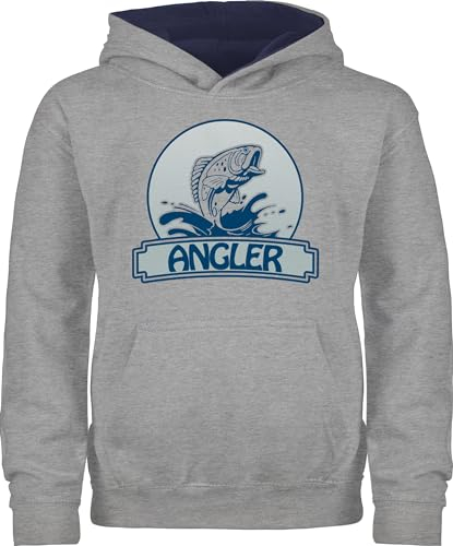 Shirtracer Pullover Kinder Hoodie Jungen Mädchen - Sport Kleidung - Angler Button - 140 (9/11 Jahre) - Grau meliert/Navy Blau - Pulli Geschenk für Fischer kinderhoodie Fisch Fun-Kapuzenpullover