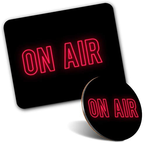 Rectangle Mouse Mat & Round Coaster Set - On Air Neon Sign Radio TV Studio 20 cm & 9 cm for Computer & Laptop, Office, Gift, Non-slip Base #45929