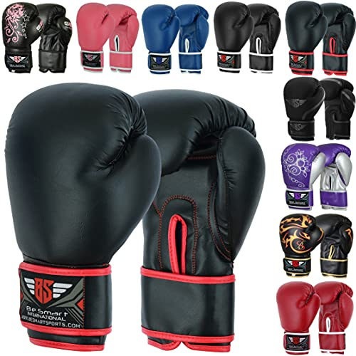 Be Smart Kids Boxing Gloves 4-15 Years 4oz 6oz 8oz Training Gloves for Women & Children Sparring Youth Boxing Gloves Junior Training Mitts PU Leather MMA Muay Thai Kick Boxing (6oz, Black Red Plain)
