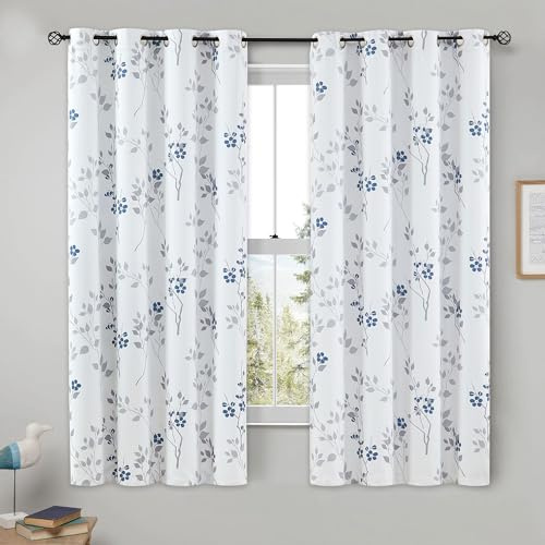 Beauoop Blue Grey Floral Blackout Curtains for Bedroom Living Room 54 Inch Drop Leaf Print White Eyelet Curtain Botanical Thermal Insulated Noise Reducing Window Curtain Drapes 2 Panels