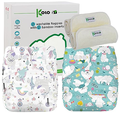 Kolo – 2 wiederverwendbare Windeln für Babys & Neugeborene + 2 Bambuseinlagen | Waschbare, einstellbare Stoffwindeln, unisex | 100 % umweltfreundlich | Design Sky&Planet