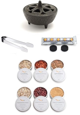 Incense Burner Kit with Cast Iron Burner, 30ml tins of fresh Incense, stainless steel tongs and charcoal discs (Collection of 6)