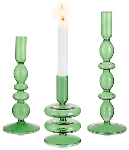 Glasseam Kerzenständer Stabkerzen, Grün Kerzenhalter Stabkerze, 3er Set Stabkerzenhalter, Chic Kerzenständer Glas für Haus Tisch, Kerzen Ständer Kerzenhalter Weihnachten für Wohnzimmer Esstisch Deko