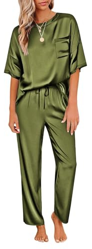 Ekouaer Pijama Mujer Satén Conjunto de Pijama Manga Corta Mujer de 2 Piezas Ropa de Dormir Pantalones Larga, S-XXL