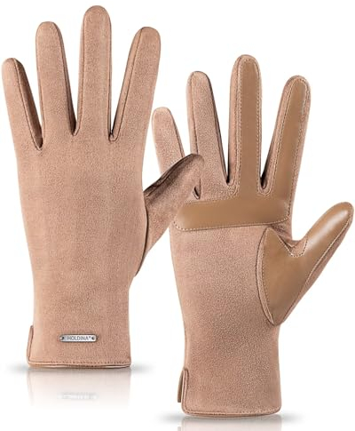 HOLDINA Handschuhe Damen Winter Warm, Handschuhe Damen Touchscreen mit Rutschfestem Leder, Damen Handschuhe mit Fleece Gefüttert (Khaki-M)