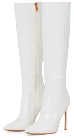 Zhabtuc Kniehohe Stiefeletten für Damen, 10 cm Stilettoabsatz, spitze Zehenpartie, breite Wadenstiefel, bequeme Kampfstiefeletten aus Kunstleder, weiß matt, 40 EU