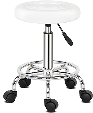 Bonnlo Tabouret à roulettes réglable en Hauteur, Tabouret de Travail pivotant à 360°, Tabouret pivotant pour Bureau/Salon/Bar, Similicuir, Blanc