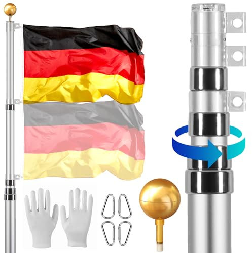 VEVOR Kit de mât de Drapeau télescopique 7300 mm, mât de Drapeau Allemand en Alliage d'aluminium dans Sol pour extérieur, mât de Drapeaux à 3 Modes d'affichage avec Accessoires Professionnels, Argent