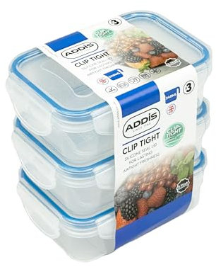 Addis Clip Tight Food Storage Containers 240 ml Rectangle Pack Of 3 Airtight Containers Bpa Free Easy Locking Lid Clips, Clear Transparent